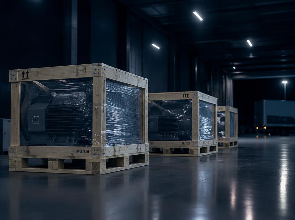 Packaged industrial equipment on pallets in a logistics terminal